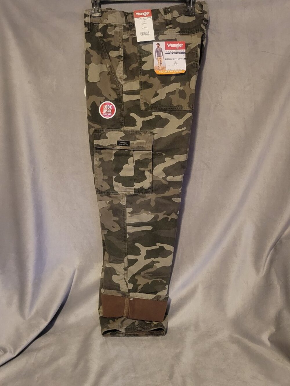 Wrangler Cargo Green Camo Pants Mens Size 34x30 Fleece Lined Pockets Camouflage